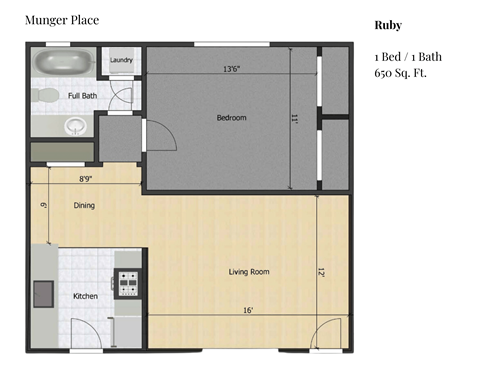 Floor plan for 1 bed, 1 bath, 650 sqft